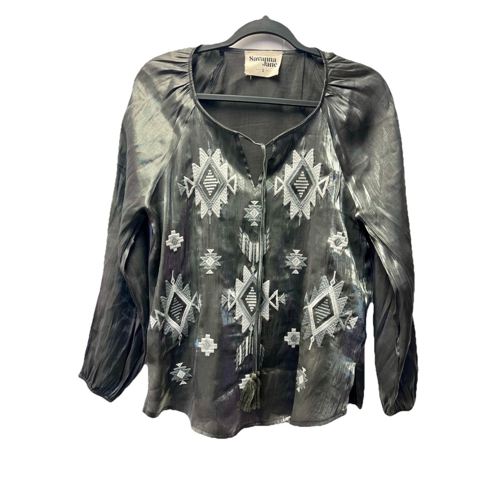 Savanna Jane S Gray Metallic Nights Aztec Ren Faire Blouse Boho Gothic Peasant